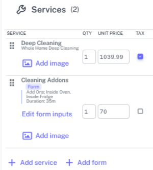 Estimate builder interface showing services, pricing, and estimate structure